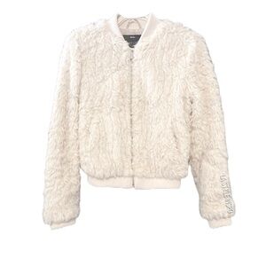 Bershka White Faux Fur Bomber Jacket White Cream Size M